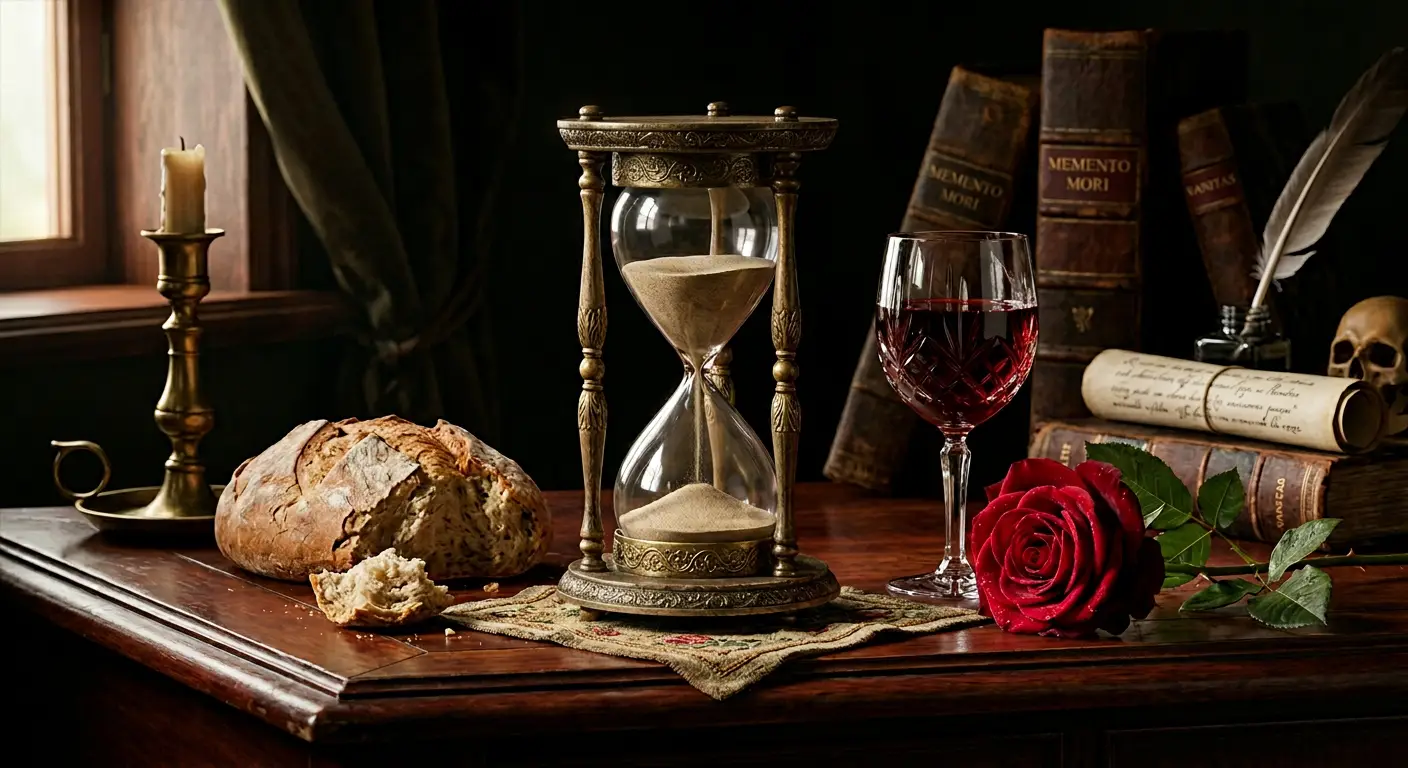 Atheism and agnosticism showing an hourglass with buying food in an eighteenth century mansion