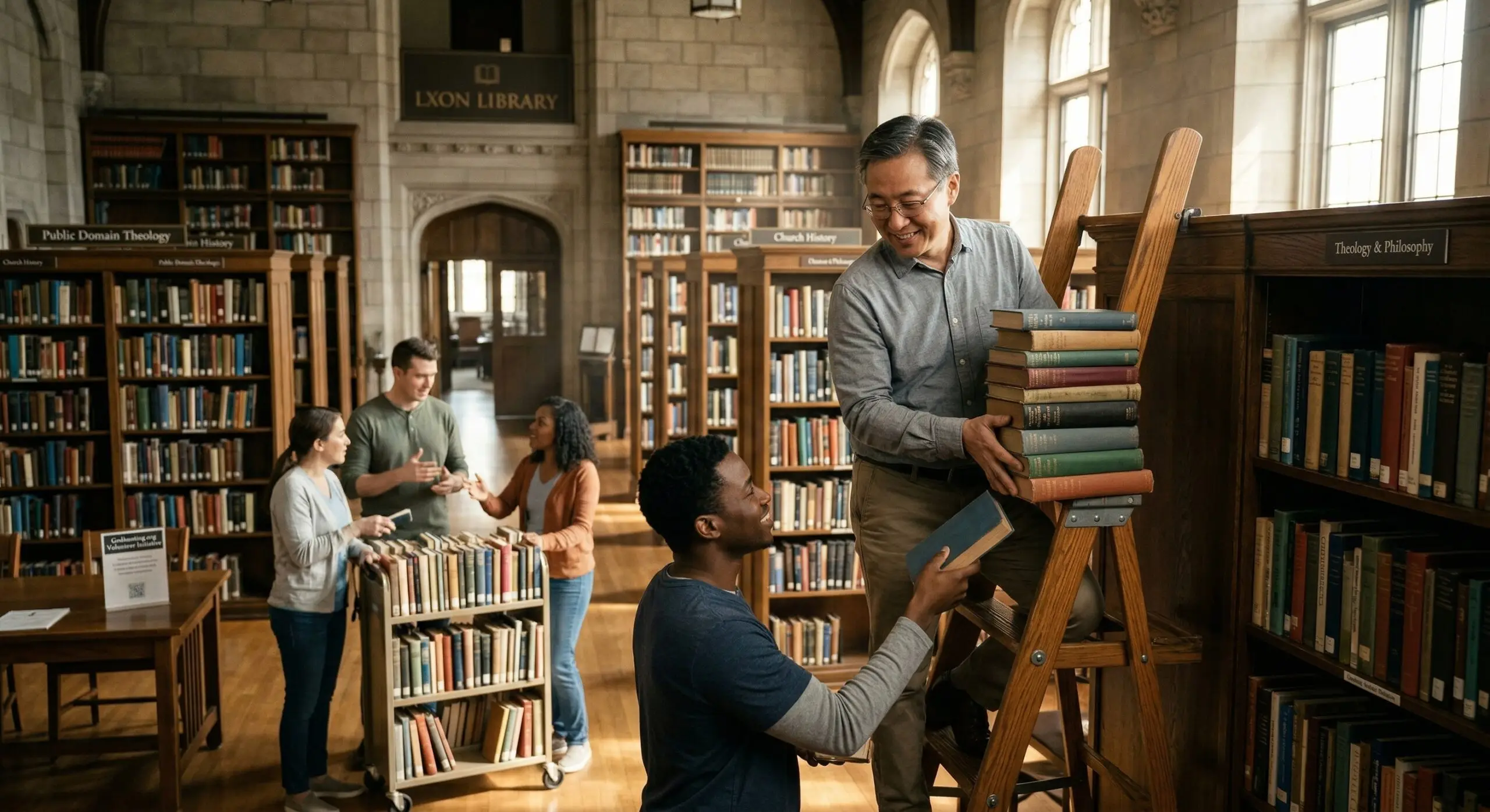 library volunteers building the LXON Library