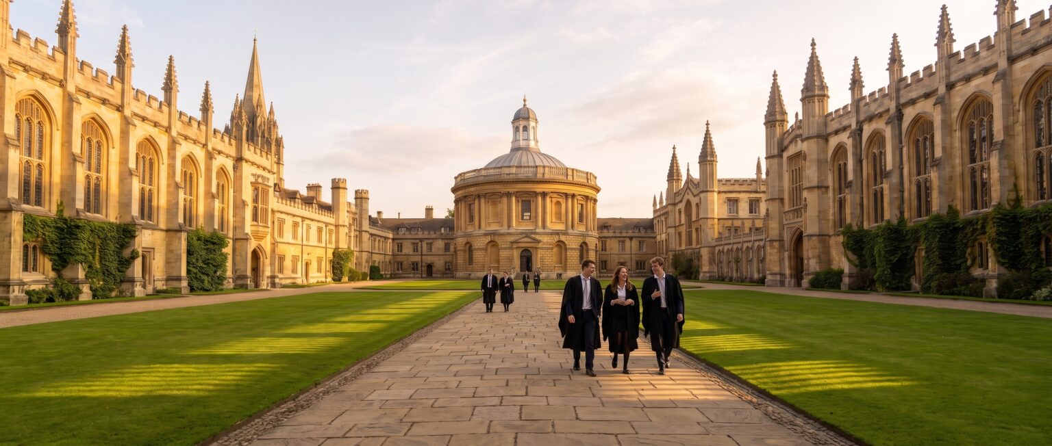 The campus of Godhunter Academy: honey-stone college buildings around a green quadrangle and a great domed library