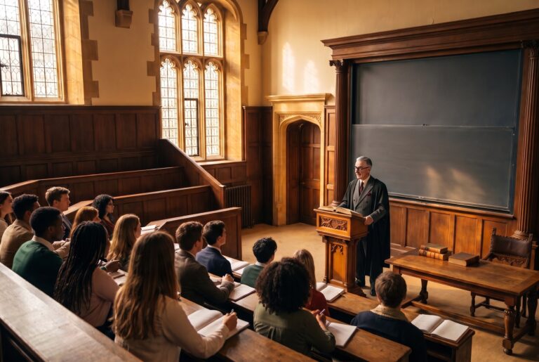 Prof. Dr. Nemo LXON lecturing from a carved oak lectern to students in a sunlit stone lecture hall of Godhunter Academy