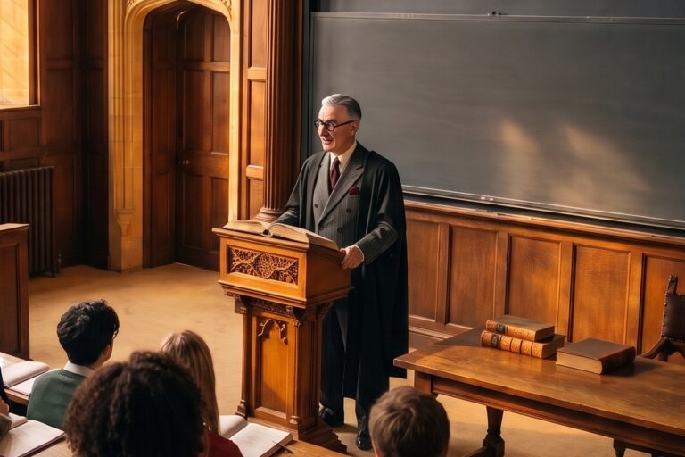 Prof. Dr. Nemo LXON in an academic gown at the lectern, one hand on an open book, speaking to his students