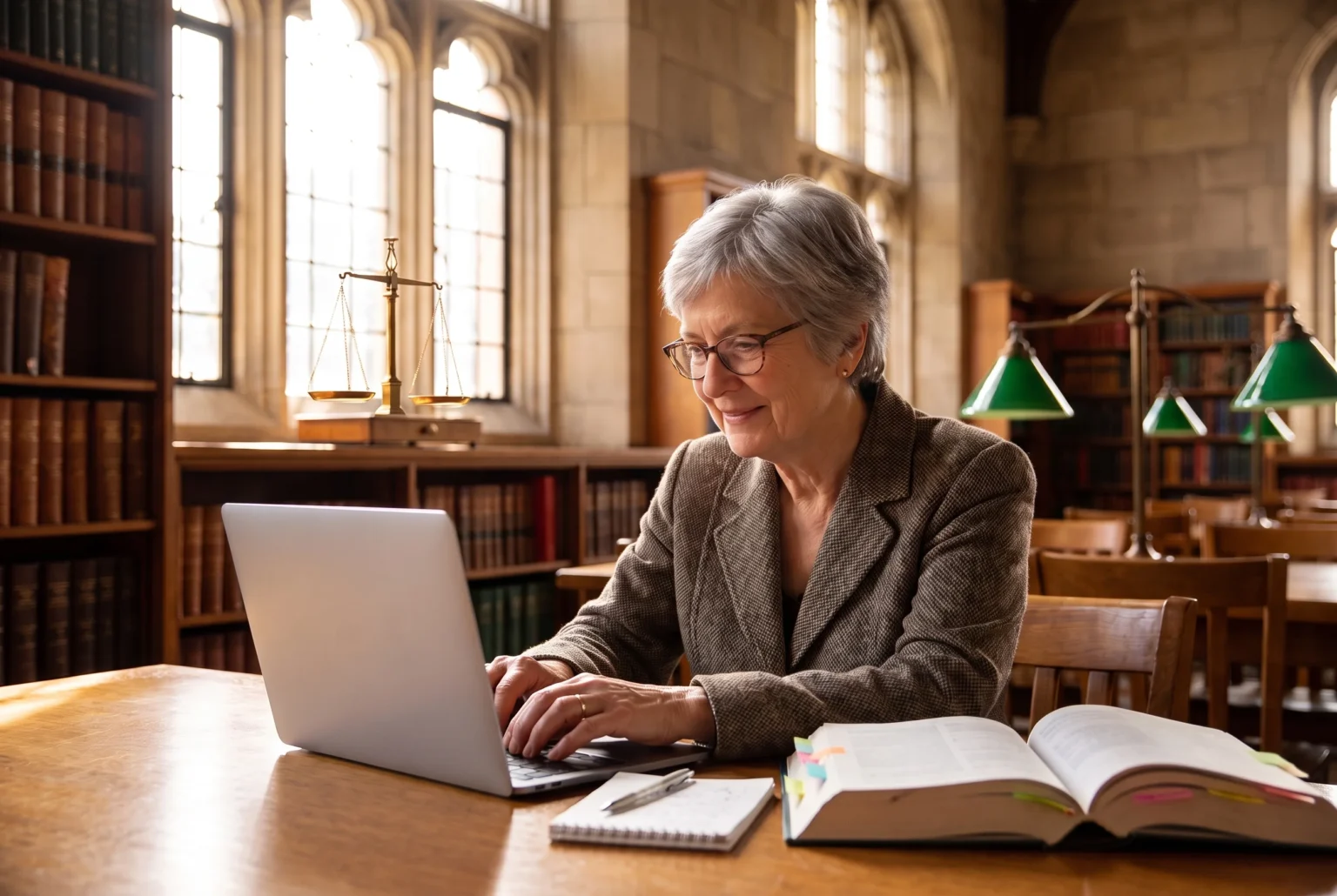 A student at a library reading-room desk writing an essay on her laptop, the textbook open beside her