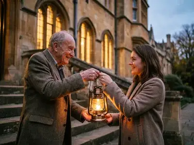 An older man hands a lit brass lantern to a young woman at dusk