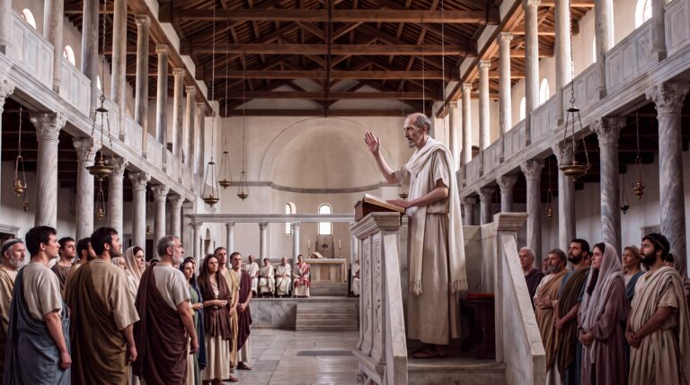 John Chrysostom preaching from the marble ambo in the timber-roofed Great Church of Constantinople