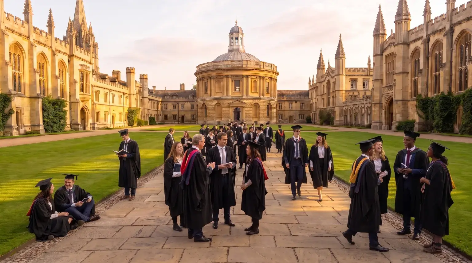Students, scholars and teachers, many in graduation gowns and caps, gathered along the stone walkway of the Academy commons in front of the domed hall, some talking, some walking, two sitting on the lawn