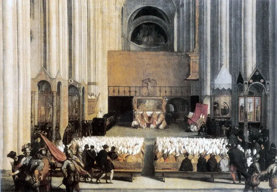 A session of the Council of Trent in the cathedral of Trent: rows of bishops in white mitres before the altar, with soldiers and onlookers in the foreground