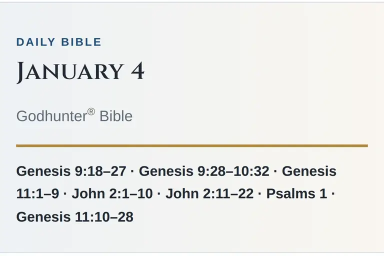 The masthead of the Daily Bible for January 4, Godhunter® Bible, with the day’s readings from Genesis, John and Psalms