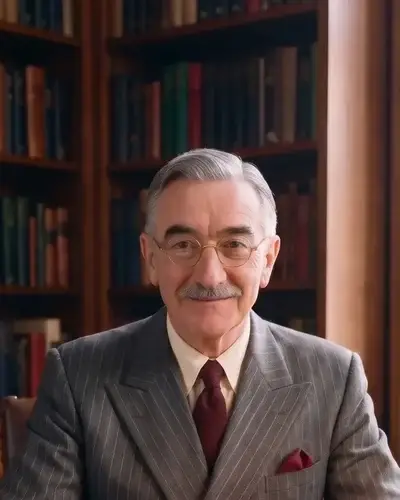 Portrait of Prof. Dr. Nemo LXON, Dean of Godhunter Academy, in a gray pinstripe suit before the bookshelves of his study