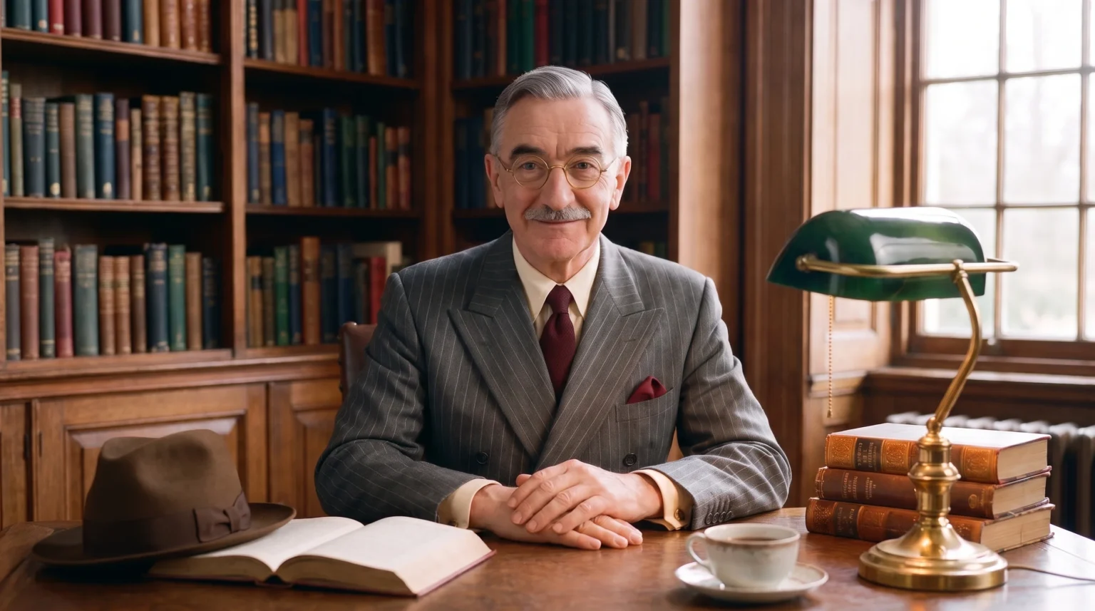 Prof. Dr. Nemo LXON seated behind his desk in his book-lined study, looking at you across the desk, his fedora beside an open book and a cup of tea poured for you