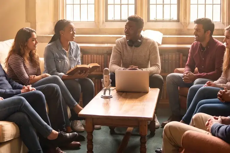 A young man with headphones and a podcast microphone leads a discussion Circle with a woman holding an open Bible, among members of many ages and races, in a sunlit stone study