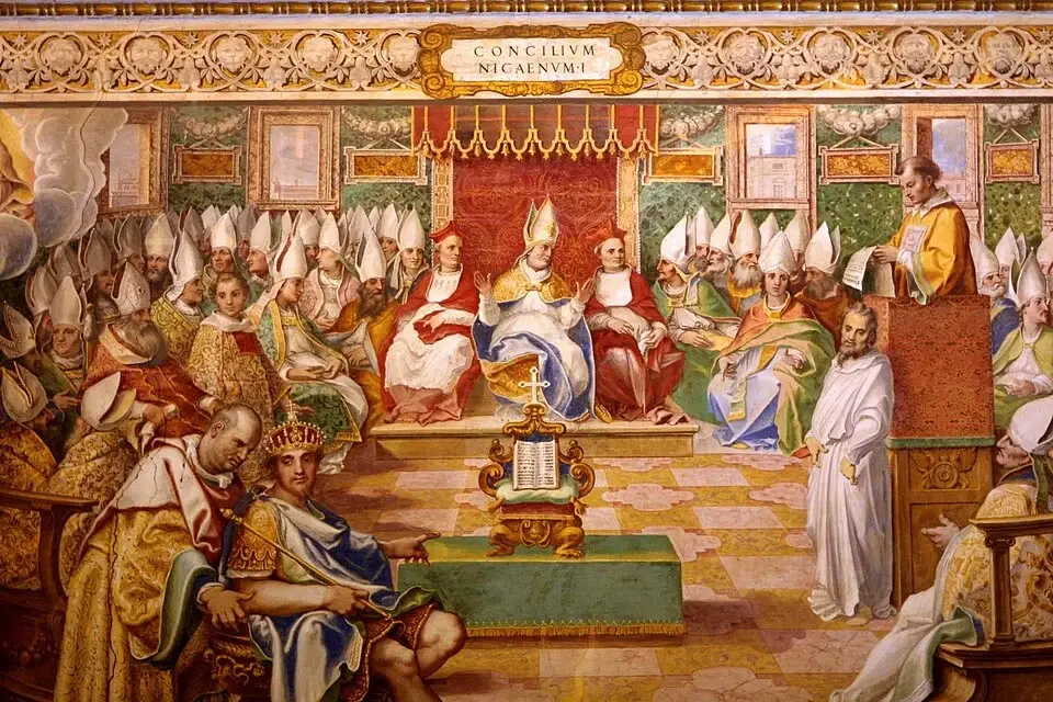 Fresco of the First Council of Nicaea: Emperor Constantine seated in the foreground before rows of bishops in white mitres, the Gospel book enthroned at the center