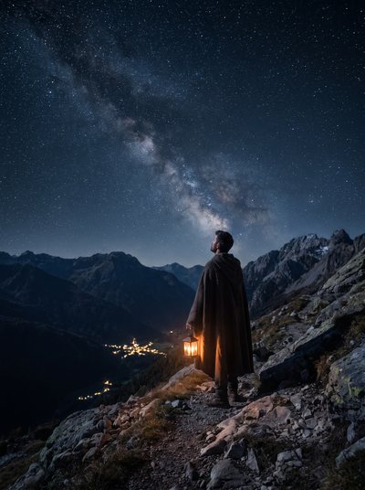 A solitary traveler with a lantern stands on a mountain path at night, looking up at the Milky Way