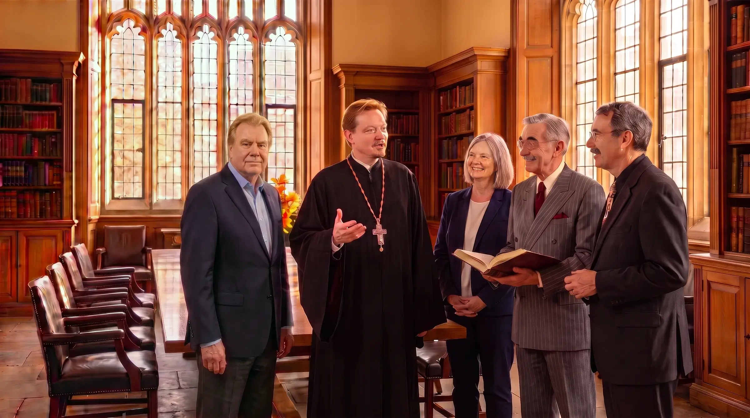 The leaders of Godhunting Resources in conversation in the Solephia boardroom: John Tollefsen, Pr. Laurent Cleenewerck de Kiev, Lane Tollefsen, Prof. Dr. Nemo LXON, and Dr. Philip Payne, standing by the long oak table beneath gothic windows