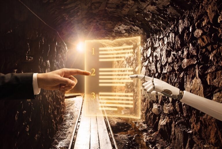 A page of light with numbered paragraphs floating in a mine tunnel, a human hand and a robot hand pointing to paragraph 2