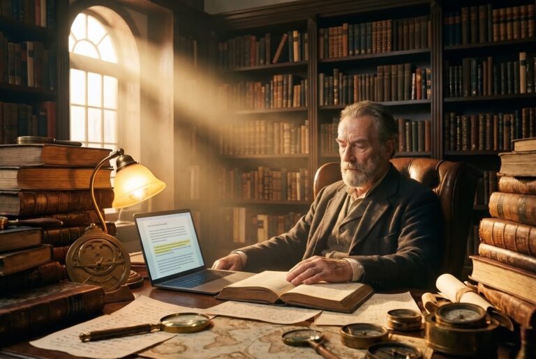 The scholar from the Footprints course at his library desk, reading an old book with a laptop open beside it