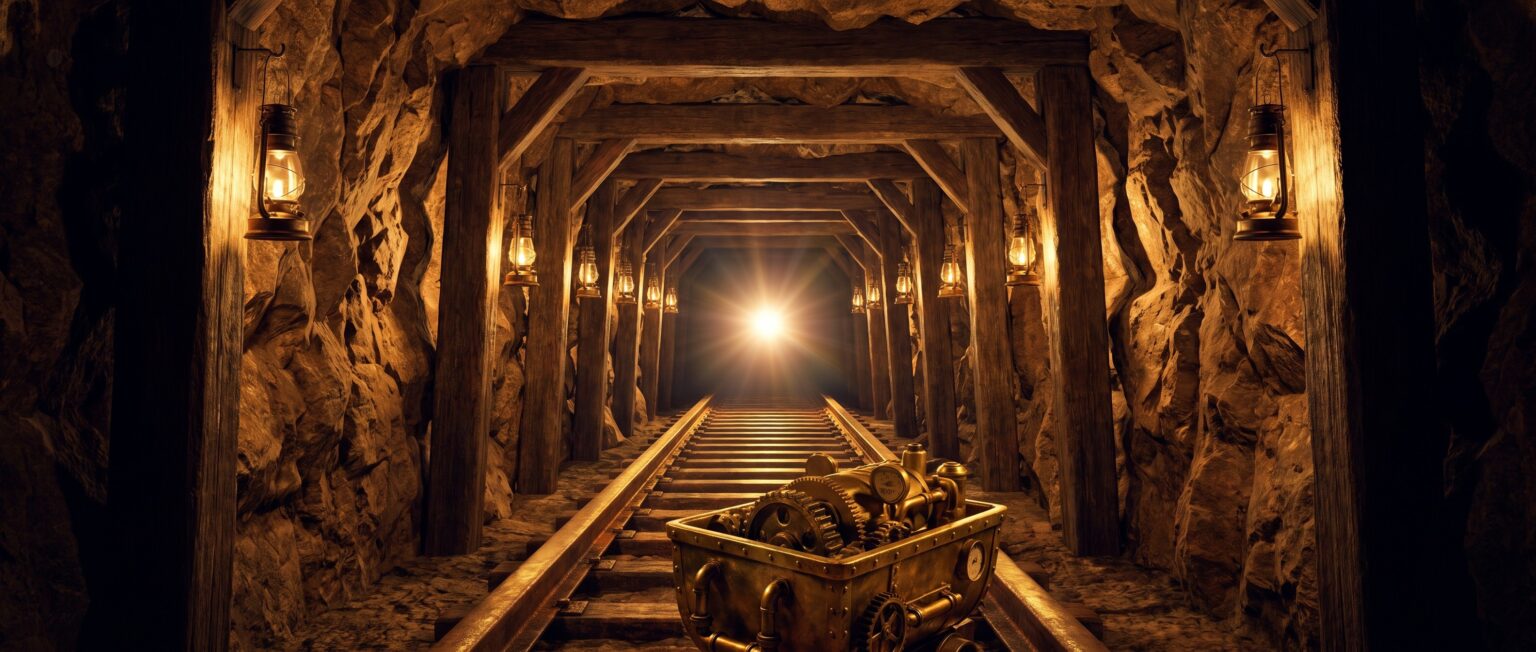 A lantern-lit mine tunnel with rails leading toward a bright light, a brass cart of gears in the foreground