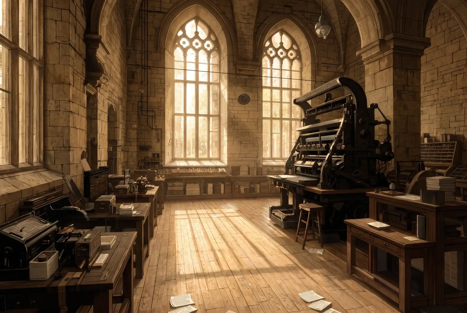 The LXON Newsroom: a sunlit Gothic hall with an iron printing press, work tables, typewriters and stacks of paper