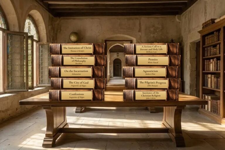 Two stacks of leather-bound Christian classics on a reading-room table, among them Confessions, The City of God, Pensées, and Robert Flint’s Agnosticism