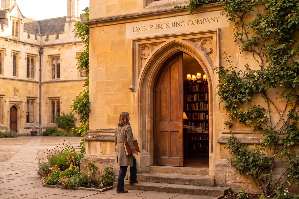 A student carrying a bound manuscript up the steps to the open door of LXON Publishing Company, in the stone courtyard of Solephia