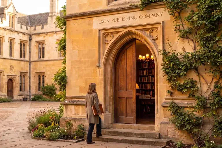 A student carrying a bound manuscript up the steps to the open door of LXON Publishing Company, in the stone courtyard of Solephia
