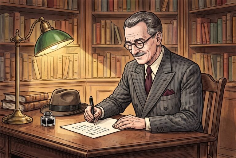 Prof. Dr. Nemo LXON at his desk writing an answer by hand with a fountain pen
