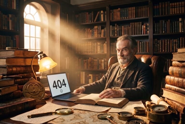 The scholar at his library desk smiling knowingly, a 404 error on his laptop and his hand on an open old book