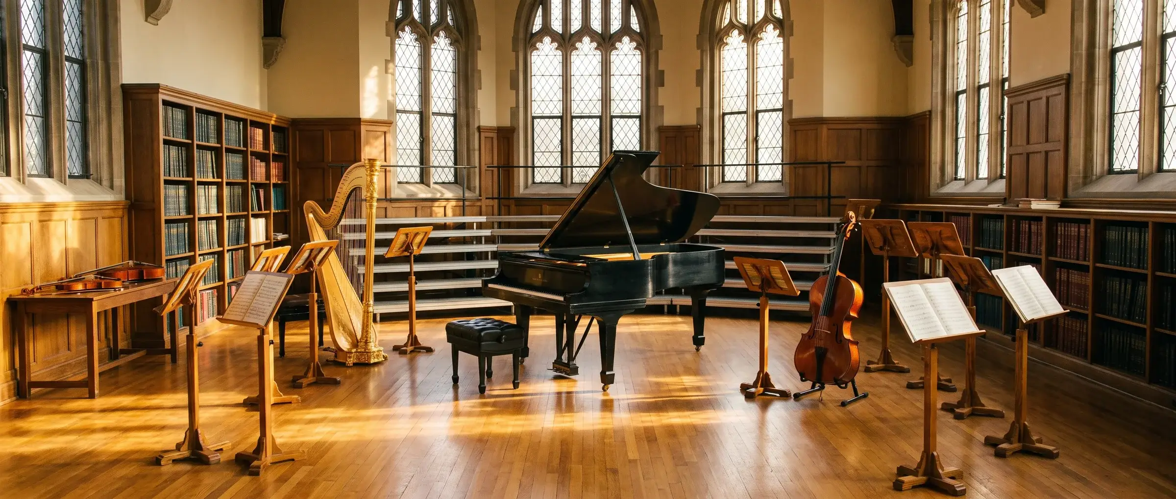 The rehearsal hall of the Music Academy: a grand piano at the center, with a harp, a cello, violins and music stands, beneath tall gothic windows