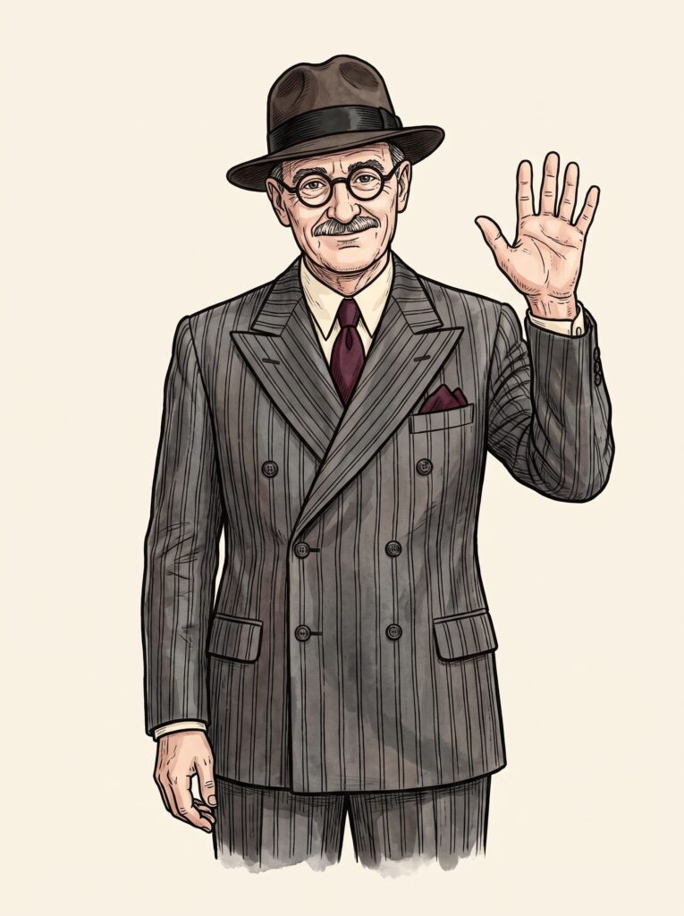 Prof. Dr. Nemo LXON, Dean of Godhunter Academy, in a 1930s pinstripe suit and hat, waving a greeting