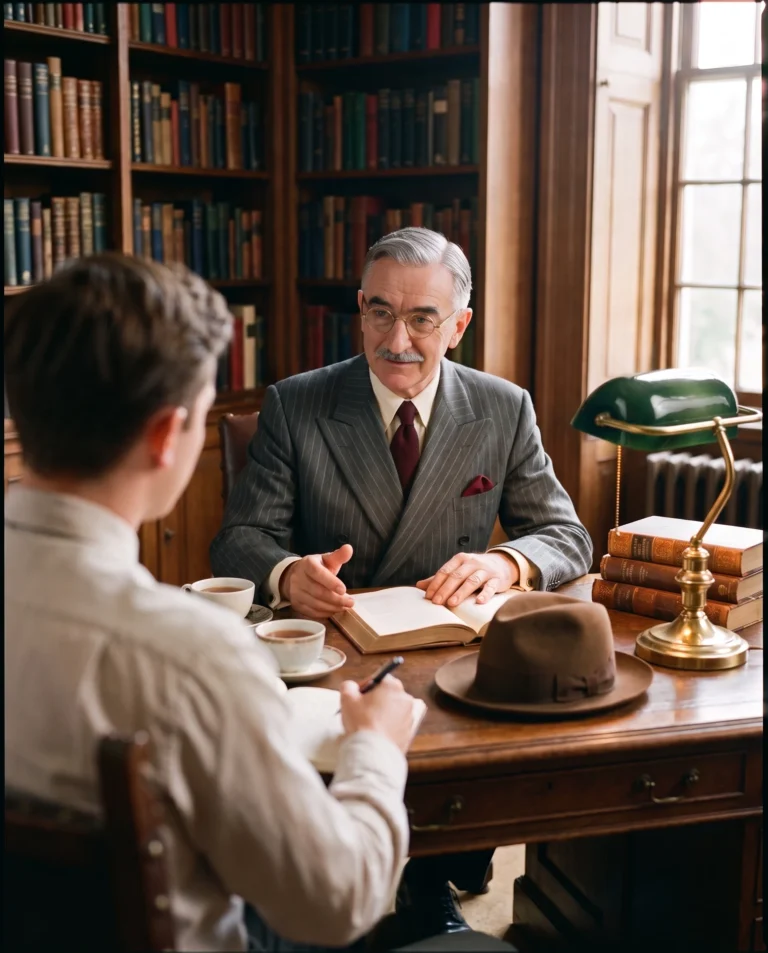 Prof. Dr. Nemo LXON tutoring a student across his desk, his fedora on the desk beside an open book