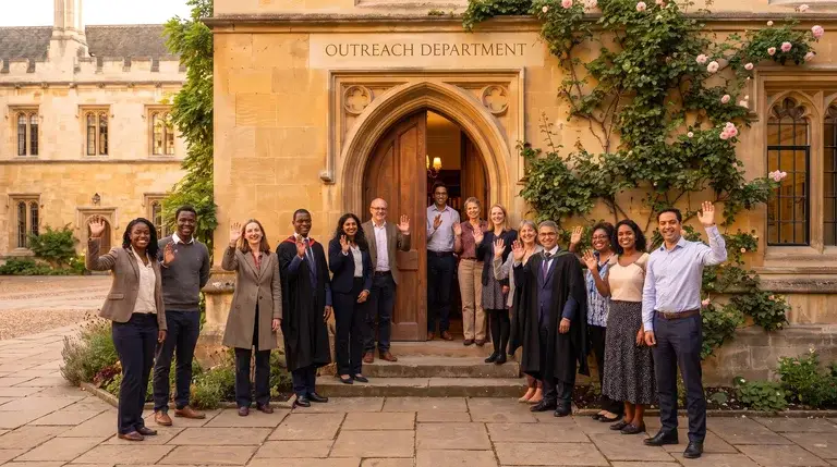 Fifteen smiling people of many backgrounds waving a welcome in front of the open door of the Outreach Department