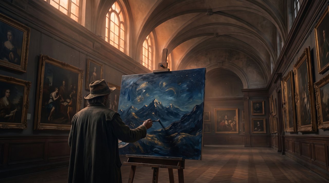 A painter at an easel inside a great gallery, painting a night sky over mountains