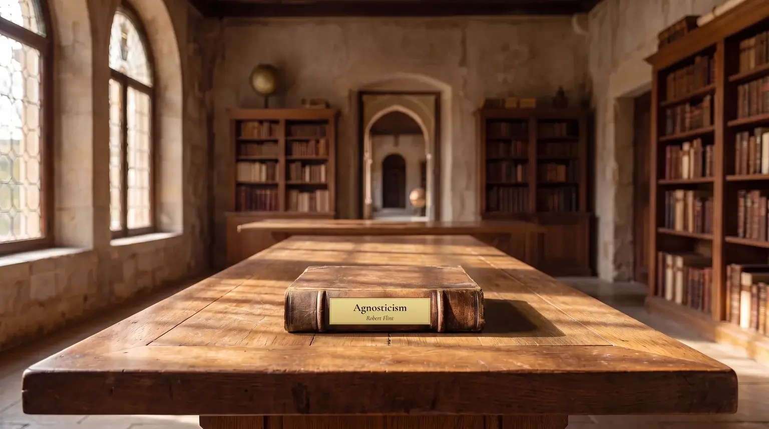 An old leather-bound copy of Agnosticism by Robert Flint lying on a long oak table in a sunlit stone reading room lined with bookshelves