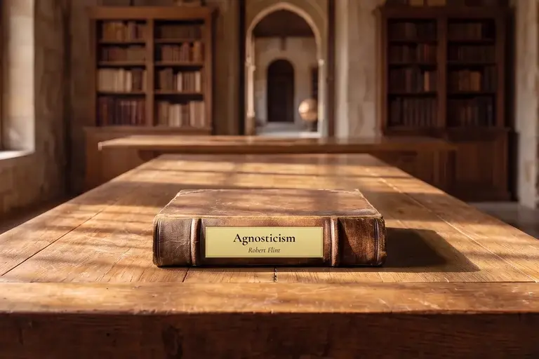 Robert Flint’s Agnosticism lying on an oak library table in a sunlit stone reading room