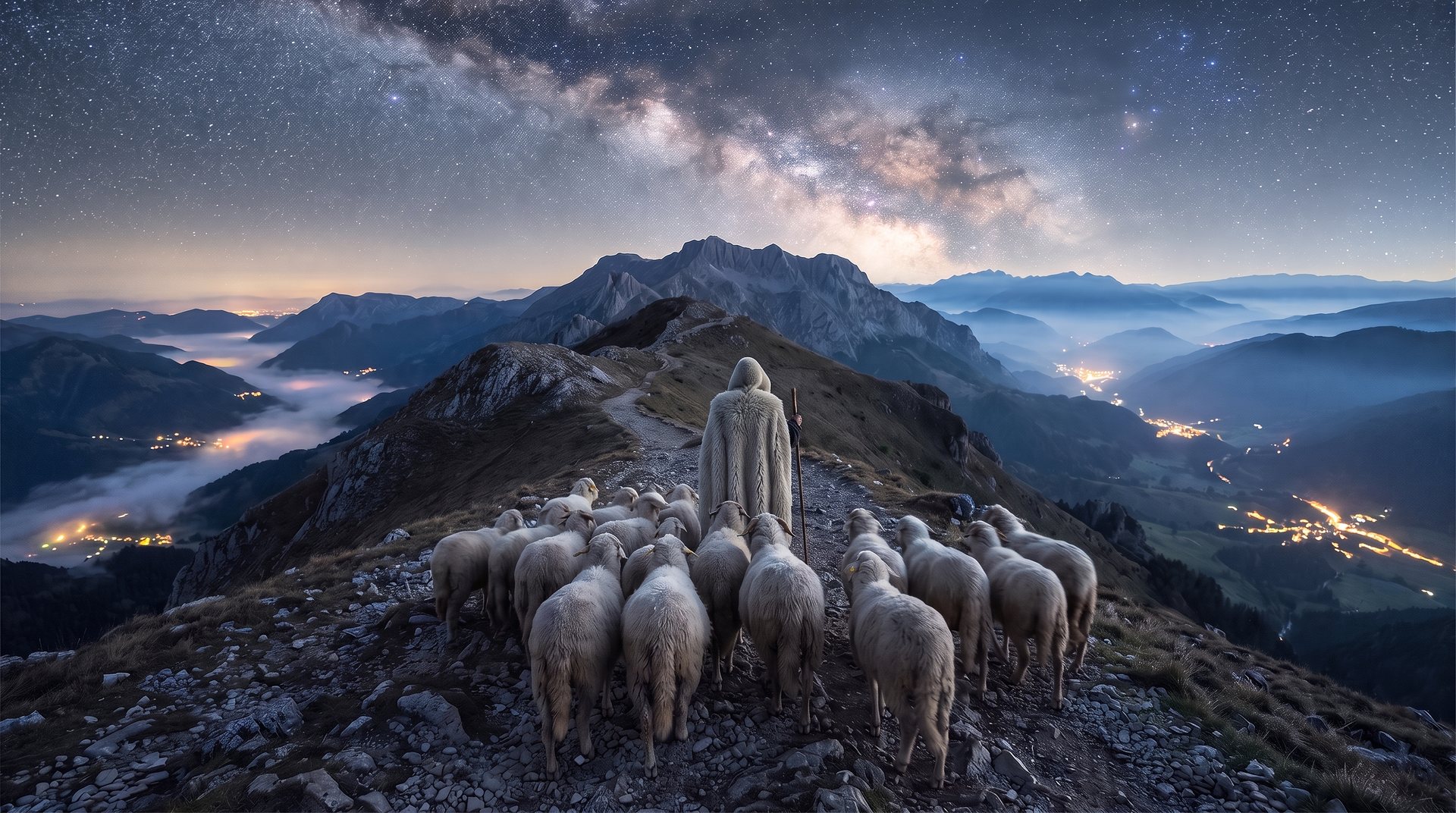 A shepherd in a pale fleece cloak leads his flock up a mountain ridge at night under the Milky Way