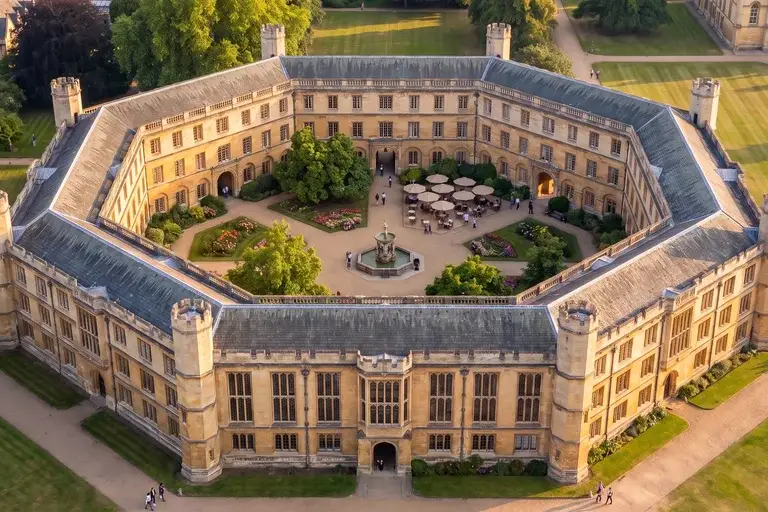 The six-sided administration building of Solephia at golden hour: six stone wings around a courtyard garden with a fountain and a café