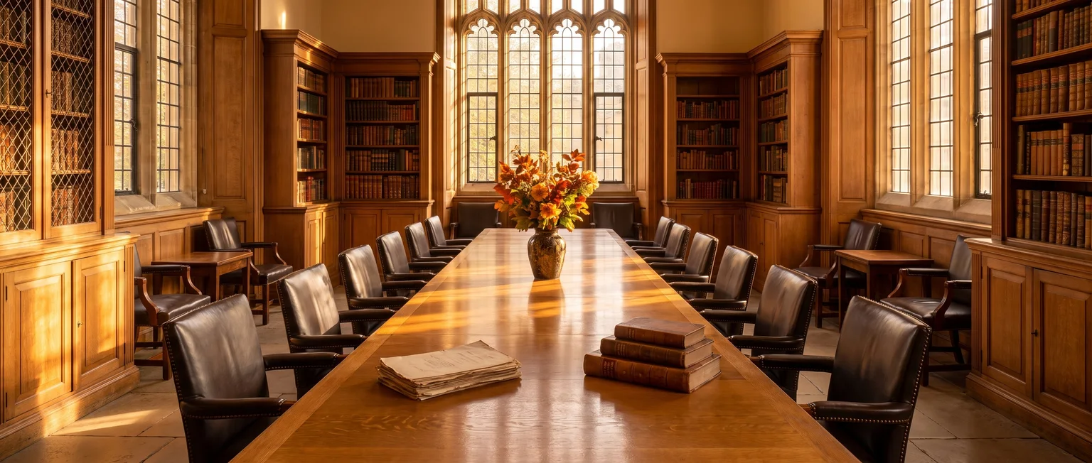 The boardroom of the Solephia administration building: a long oak table with leather chairs under tall Gothic windows