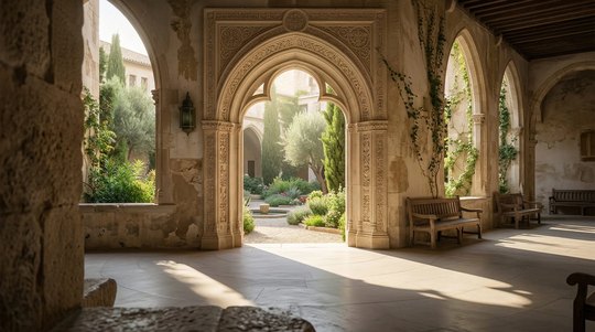 A stone arcade in Solephia opening onto a courtyard garden and the buildings beyond