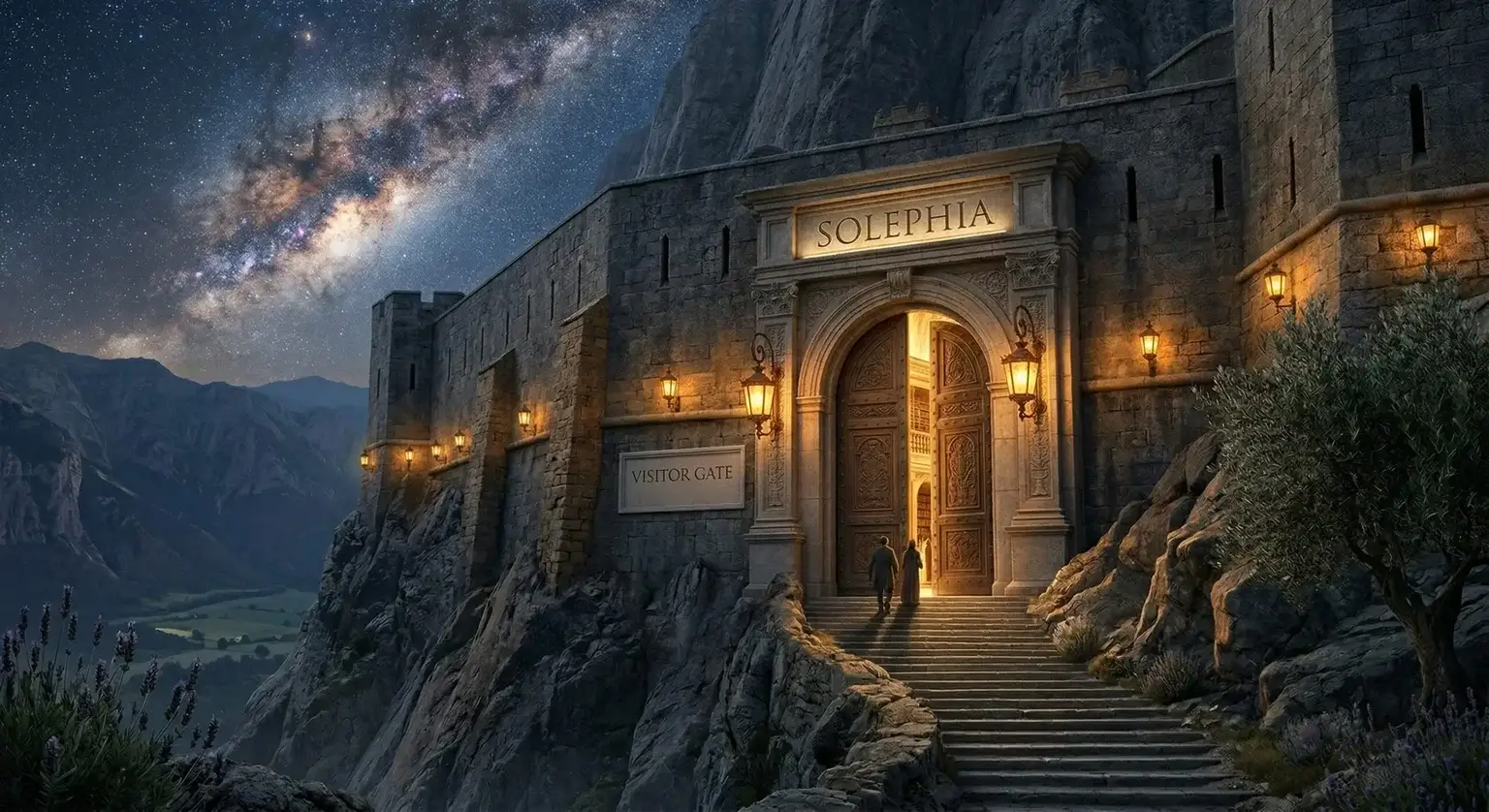 The walled city of Solephia at night under the Milky Way: stone walls on a mountainside, and the Visitor Gate open at the top of a lamp-lit stair as two visitors climb toward it