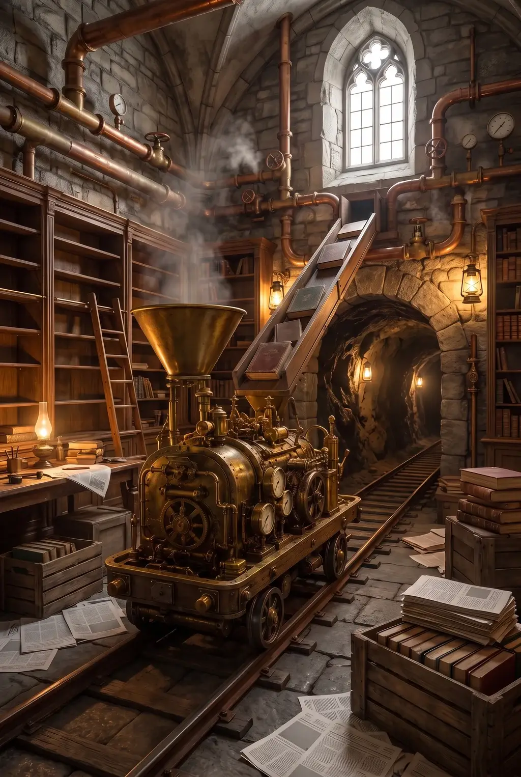 The back room of the Solephia Library: a brass book machine on a rail cart rolls in from a mine tunnel beneath copper pipes and steam, among crates of books and scattered newspapers