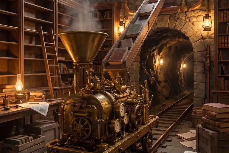 The back room of the Solephia Library, where a brass book machine on a rail cart rolls in from a mine tunnel among crates of books