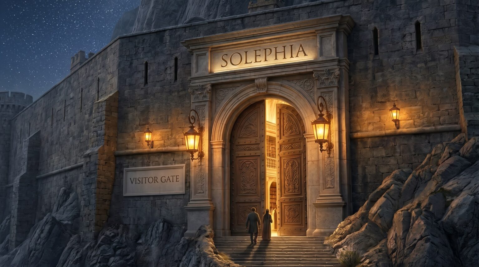 The gate of Solephia at night: a great stone arch carved SOLEPHIA, its carved doors open on a lamp-lit library