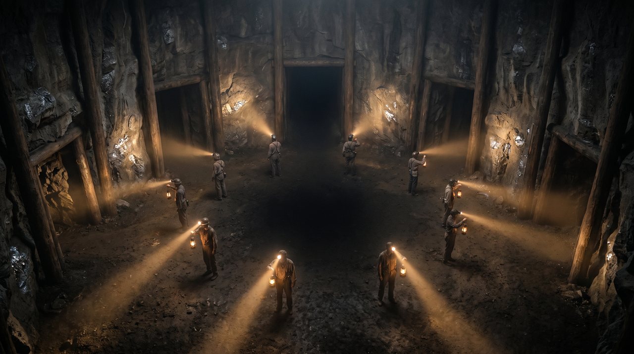 Twelve miners in a dark silver mine, each lamp shining in a different direction