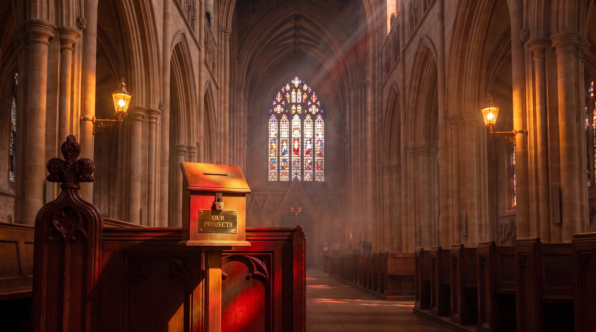 The nave of the Solephia Cathedral: sunlight through a great stained-glass window, two lit brass lamps on the columns, and a small oak alms box with an Our Projects plaque beside the front pew