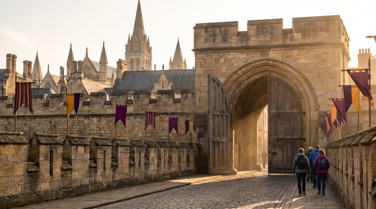 Visitors walking up a cobbled road toward the open gate of Solephia, a Victorian walled city of learning, with purple and gold pennants along the wall