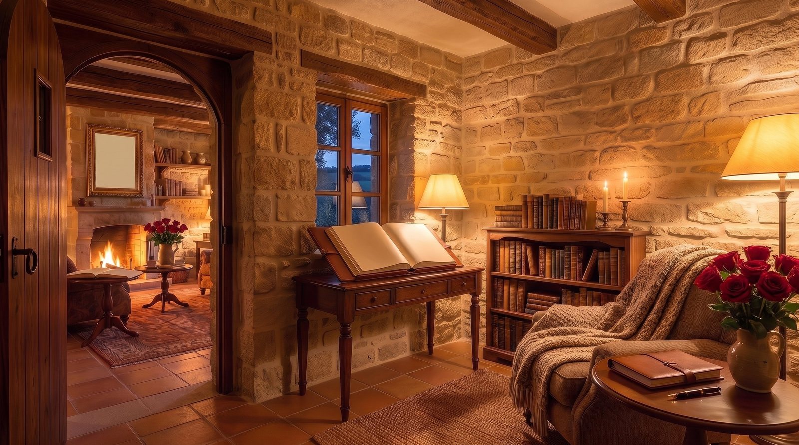 A warm stone room with an open book on a writing desk, a bookcase, candles, an armchair and red roses, looking through an archway into the main room