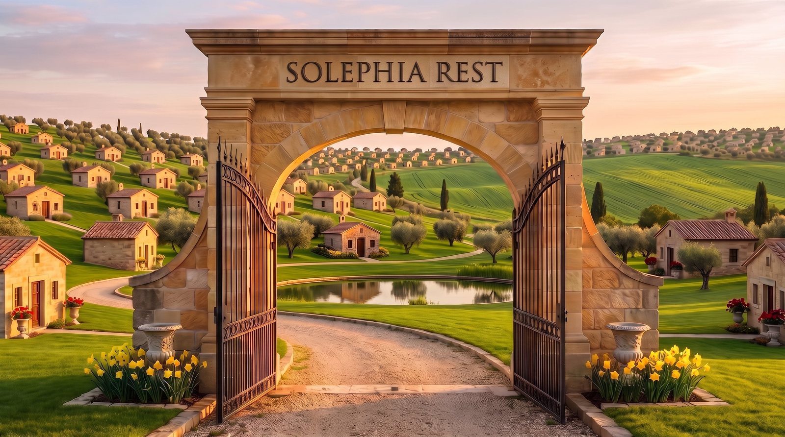 The stone gate of Solephia Rest, with SOLEPHIA REST carved above the arch, opening onto green hills dotted with small memorials at sunset