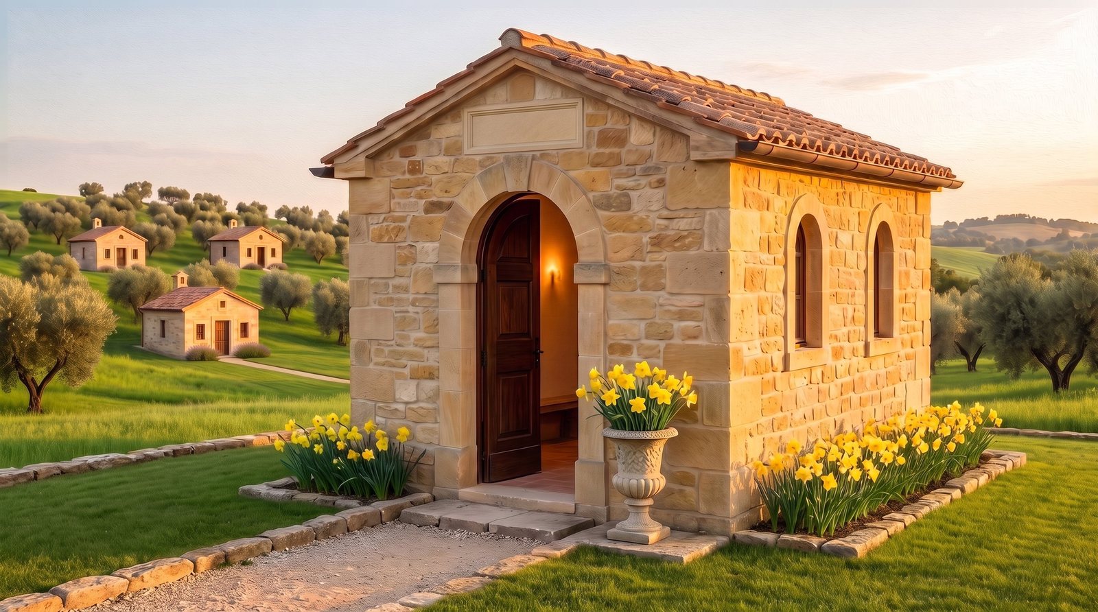 A small stone memorial on green hills with yellow daffodils at the door and a carved stone tablet above the arch