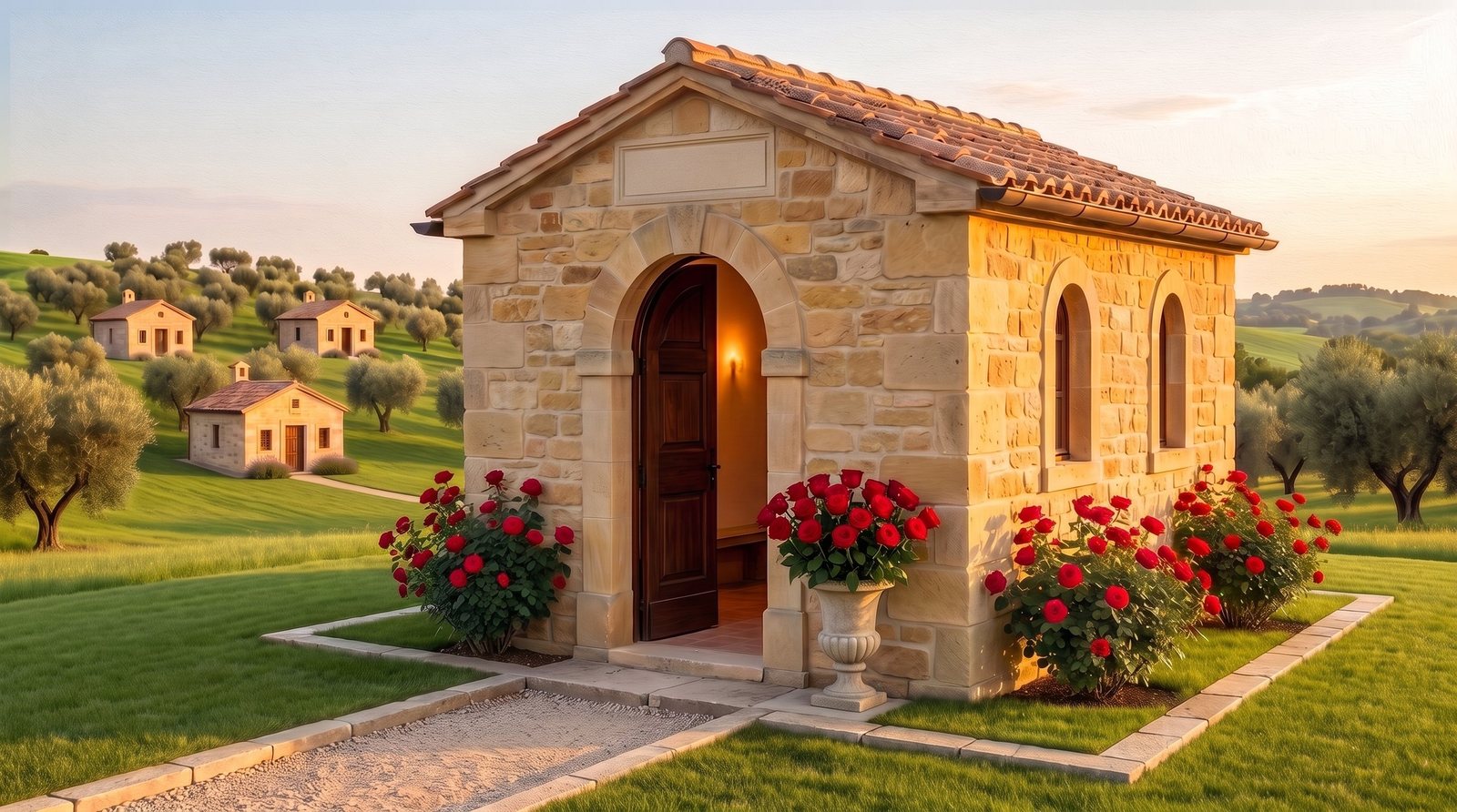 A small stone memorial on green hills with red roses at the door and a carved stone tablet above the arch